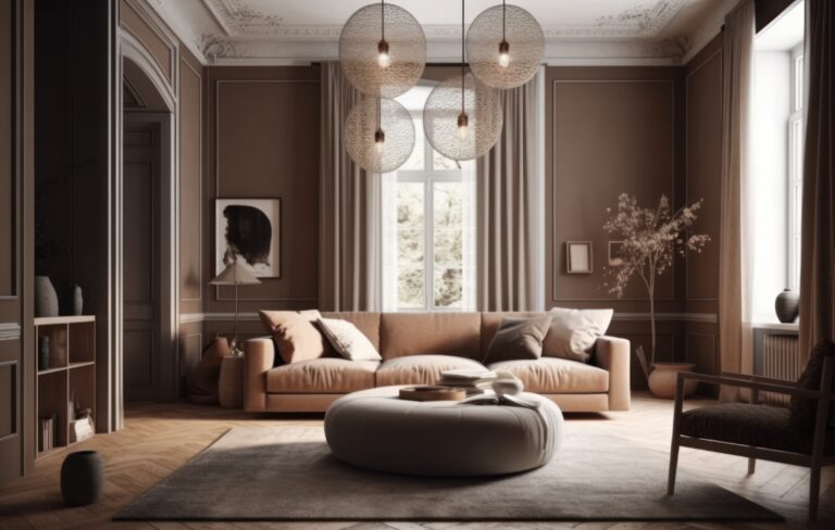 Interior design of aesthetic living room interior with mock up room, modular sofa, wooden stand, vase with branch and personal accessories. Home decor. Template. AI Generative.