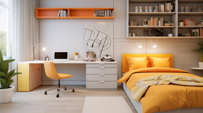 the bedroom has been decorated with modern style furniture, in the style of soft variations of color, studyplace, white and yellow --ar 16:9 --v 5.2 Job ID: 4e5db898-1580-4967-8c49-7b03c5d243db