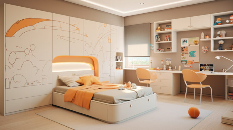 the bedroom has white cabinets, in the style of vray tracing, cartoon compositions, the helsinki school, light beige and amber, uhd image, everyday life depiction, pastel toned --ar 16:9 --v 5.2 Job ID: 99ab17fc-060a-4477-a342-cf371682c5d7