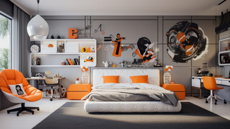 juvenile bedroom, in the style of white and orange, light-filled interiors, urban-inspired, glossy finish, kitsch and camp charm, flatness of space --ar 16:9 --v 5.2 Job ID: 909795c0-1653-4847-9b99-329d1884f072